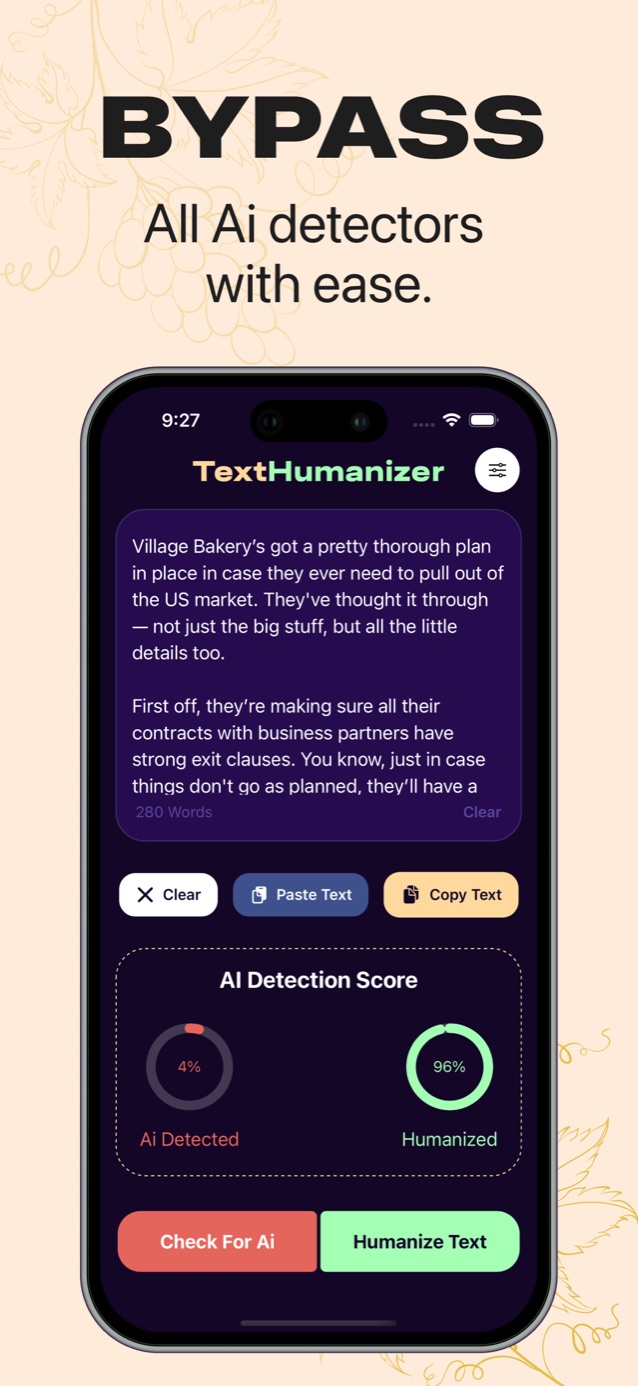 AI detection score card with 4% AI detected and 96% humanized side by side